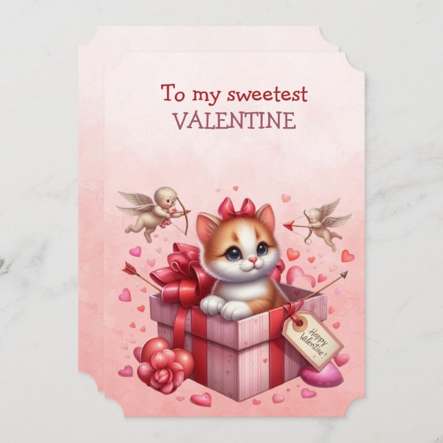 Tarjeta Festiva Mi gatito de San Valentín más dulce en una caja (Anverso / Reverso)