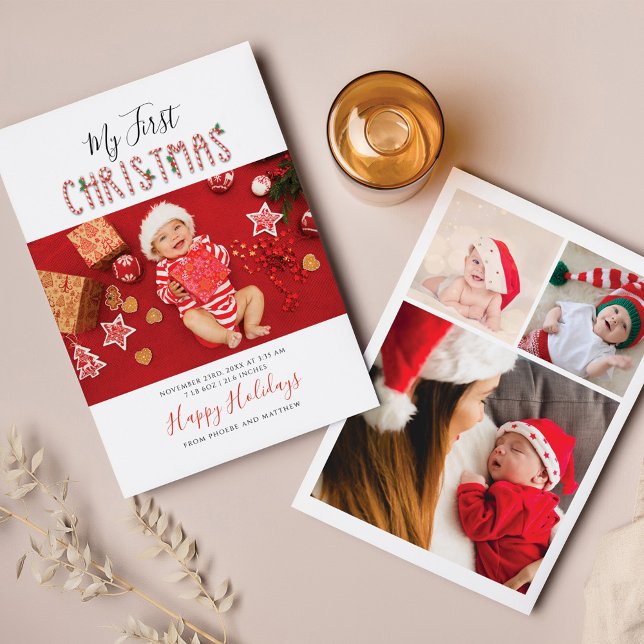 Tarjeta Festiva Mi primer Collage de fotos de Recién nacido navide (Cute First Christmas Baby Photo Collage Holiday Greetings)