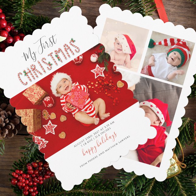 Tarjeta Festiva Mi primera fiesta navideña de Collage de fotos par (First Christmas Baby Photo Collage Holiday Greetings Scallop Card)
