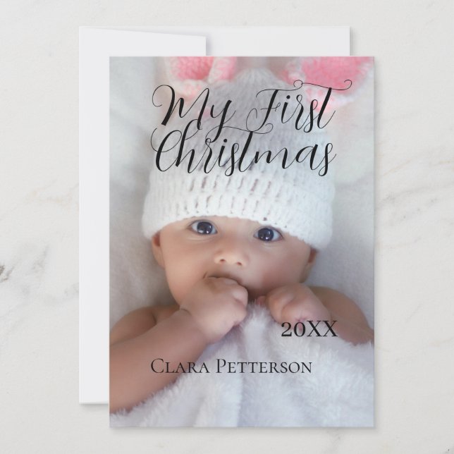 Tarjeta Festiva Mi primera foto de bebé navideña añada nombre año  (Anverso)