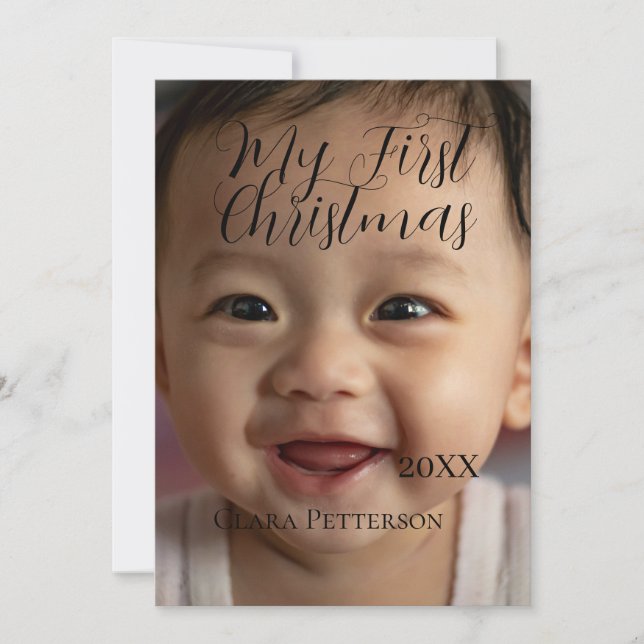 Tarjeta Festiva Mi primera foto de bebé navideña añada nombre año  (Anverso)
