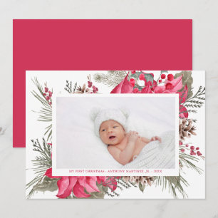 Tarjeta Festiva Mi primera foto del bebé de Poinsettia Rojo de Nav