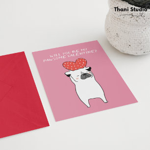 Tarjeta Festiva Mi San Valentín Pawsome Pug Lindo & Corazón Rojo R