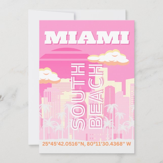 Tarjeta Festiva Miami Beach, Miami Travel Art, Preppy, Pink (Anverso)