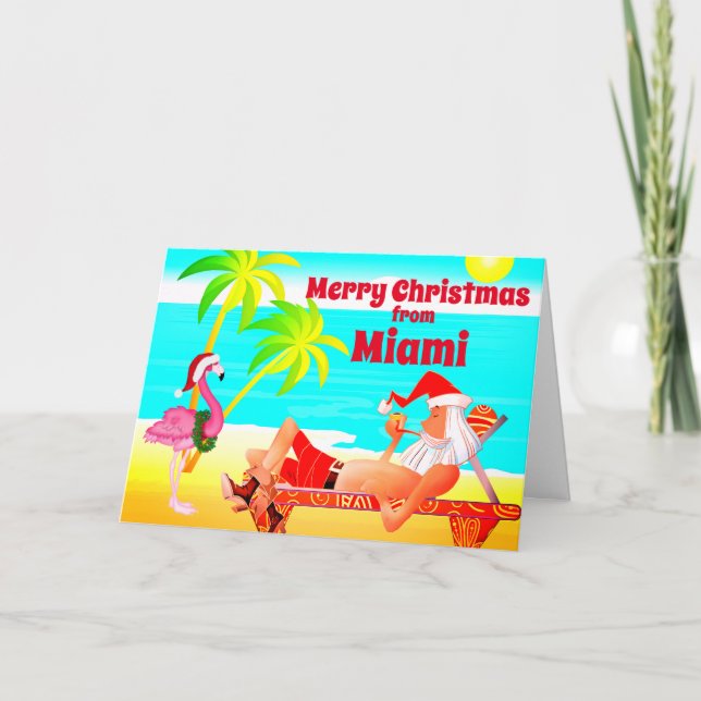 Tarjeta Festiva Miami Merry Christmas Santa y Flamingo Beach (Anverso)