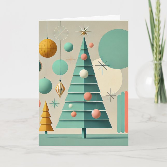 Tarjeta Festiva Mid-Century Modern Pastel Christmas Tree Card  (Anverso)