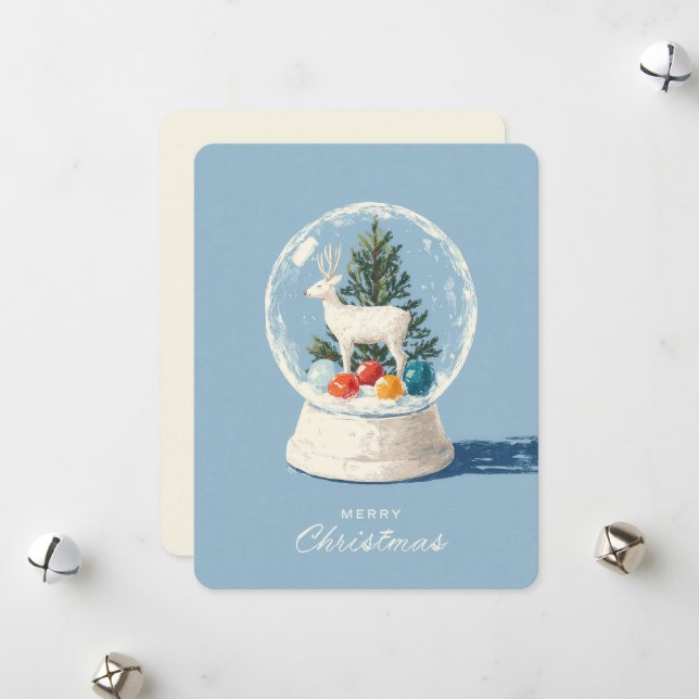 Tarjeta Festiva Mid-Century Modern Snow Globe White Deer  (Anverso/Reverso In Situ)