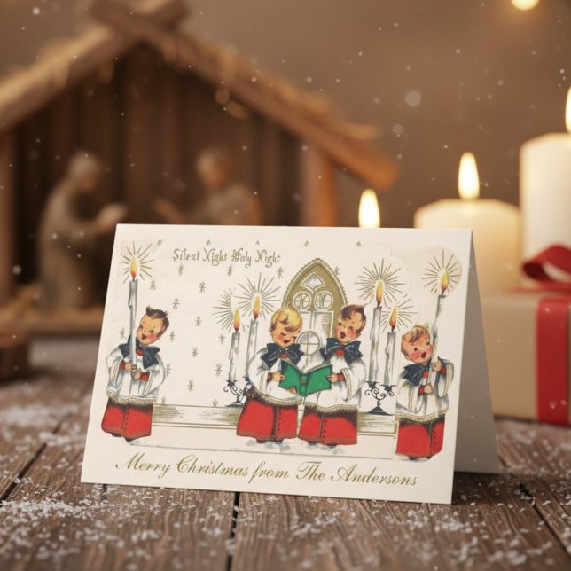 Tarjeta Festiva Mid-Century Silent Night Boys Choir Custom (Mid-Century Silent Night Boys Choir Custom Holiday Card)