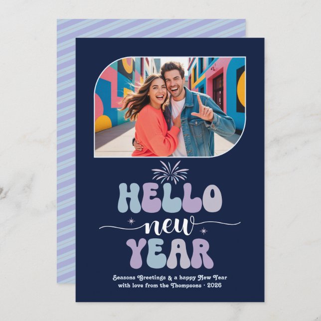 Tarjeta Festiva Midnight Frost Hello New Year Blue Retro Photo (Anverso / Reverso)