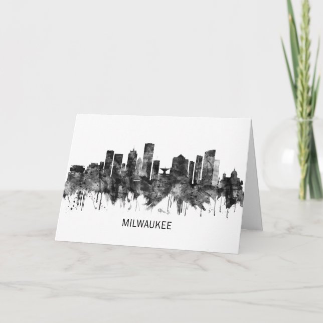 Tarjeta Festiva Milwaukee Wisconsin skyline BW (Anverso)