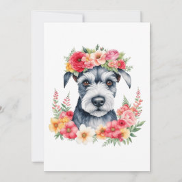 Tarjeta Festiva Mini Schnauzer Flores rosas coronan el blanco rojo