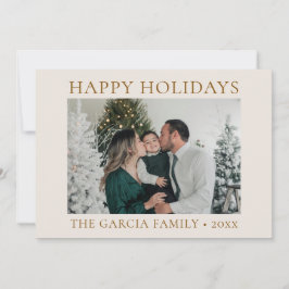 Tarjeta Festiva Mínima Foto Elegante en Dorado y Crema