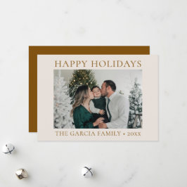 Tarjeta Festiva Mínima Foto Elegante en Dorado y Crema