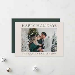 Tarjeta Festiva Mínima Foto Elegante en Verde y Crema