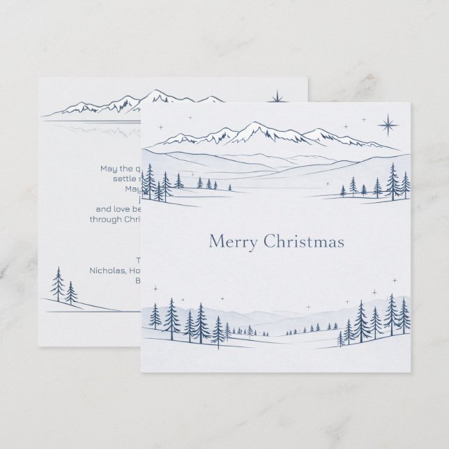 Tarjeta Festiva Minimal Blue Mountain Merry Christmas (Anverso / Reverso)