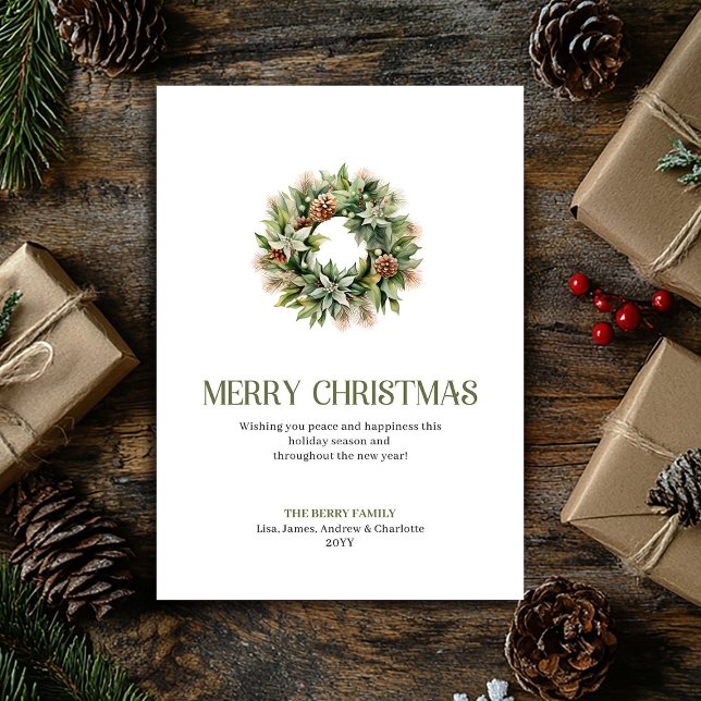 Tarjeta Festiva Minimal Chic Christmas Wreath Sage Gold Script  (Minimal Chic Christmas Ornament Sage Gold Script Card)