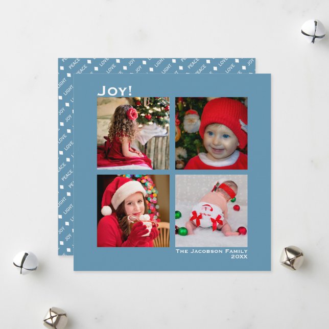 Tarjeta Festiva Minimal cuadrado 4 Navidades de fotos joy azul (Anverso/Reverso In Situ)