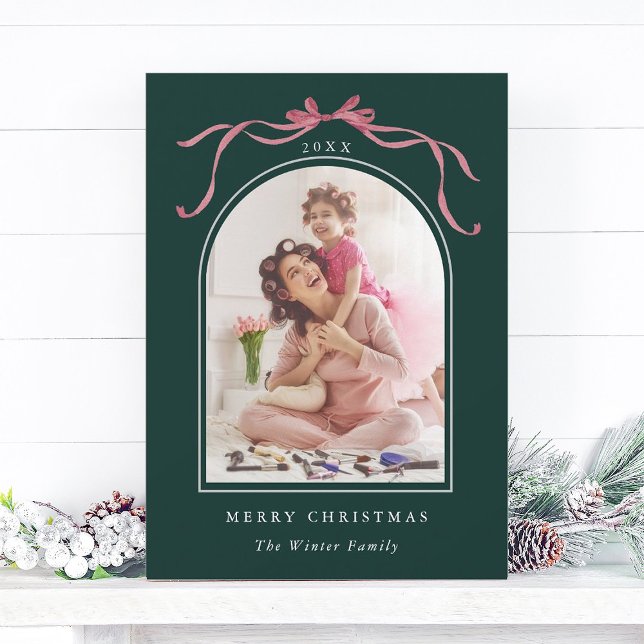 Tarjeta Festiva Minimal Deep Blush Pink Bow Christmas Photo Green (Subido por el creador)