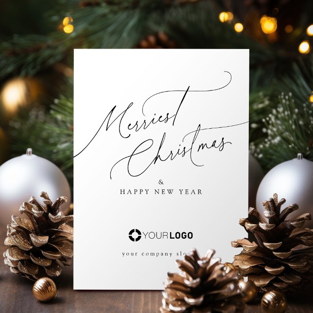 Tarjeta Festiva Minimal Elegant Script Merriest Christmas Company (Minimal Elegant Script Merriest Christmas Company Holiday Card)