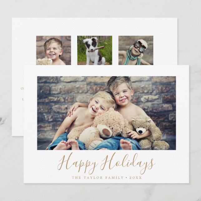 Tarjeta Festiva Minimal Gold Happy Holidays Family News Landscape (Anverso / Reverso)