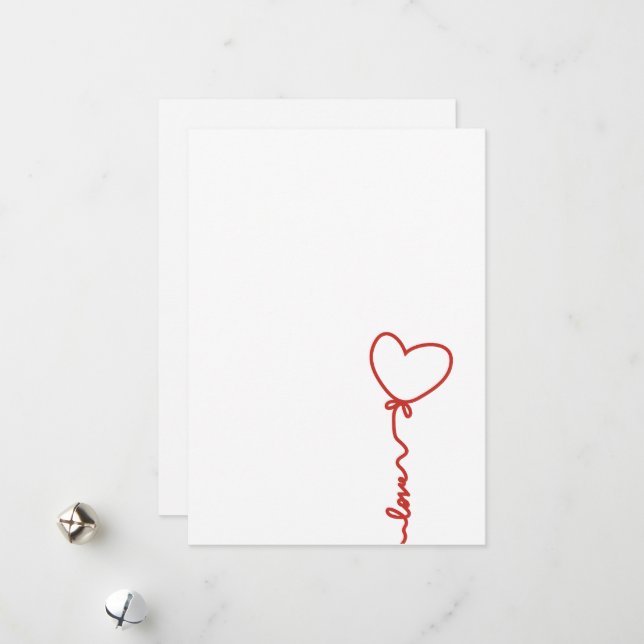 Tarjeta Festiva Minimal Heart Balloon Love  Line Art Valentine (Anverso/Reverso In Situ)