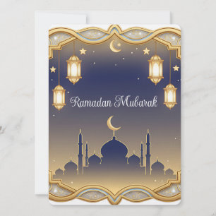 Tarjeta Festiva Minimal Mezquita Azul y Dorada Ramadan Mubarak