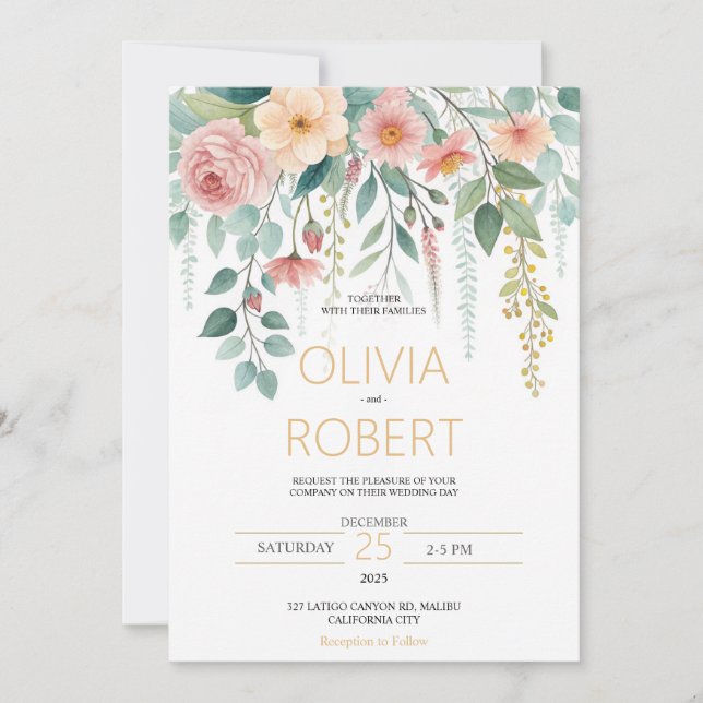 Tarjeta Festiva Minimalism and flowers Wedding Invitation (Anverso)