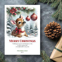 Tarjeta Festiva Minimalist Baby Deer Christmas Scene Watercolor