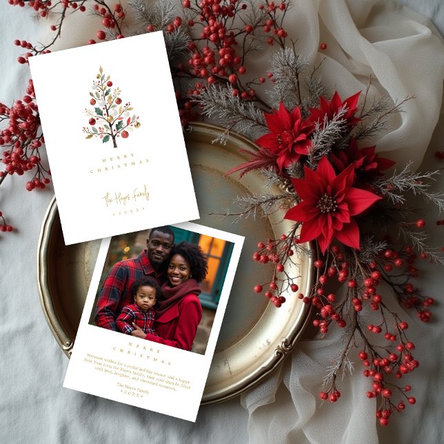 Tarjeta Festiva Minimalist Chic Winter Christmas Tree (Minimalist Chic Winter Christmas Tree with Back Photo Holiday Cards in Digital Watercolor Style. )