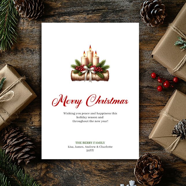 Tarjeta Festiva Minimalist Christmas candles rustic log greeting (Minimalist Christmas candles rustic log greeting Holiday Card )