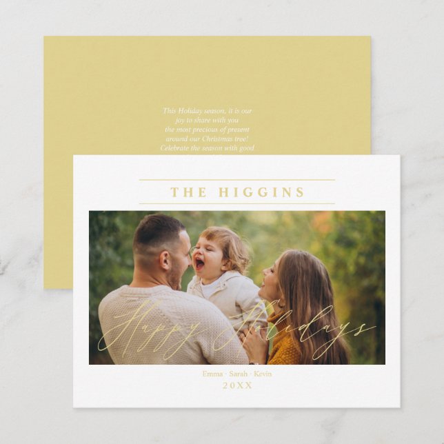 Tarjeta Festiva Minimalist Golden Happy Holidays Photo Family (Anverso / Reverso)