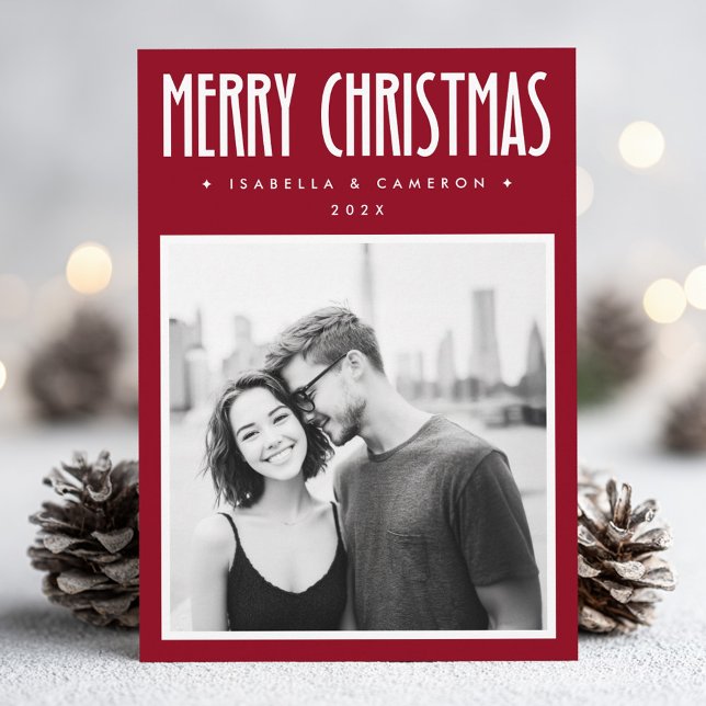 Tarjeta Festiva Minimalist Merry Christmas dark deep red photo (Minimalist Merry Christmas dark deep red photo Holiday Card)