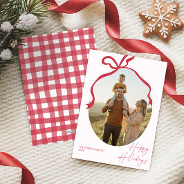 Tarjeta Festiva Minimalist Red Bow Family Photo Christmas 