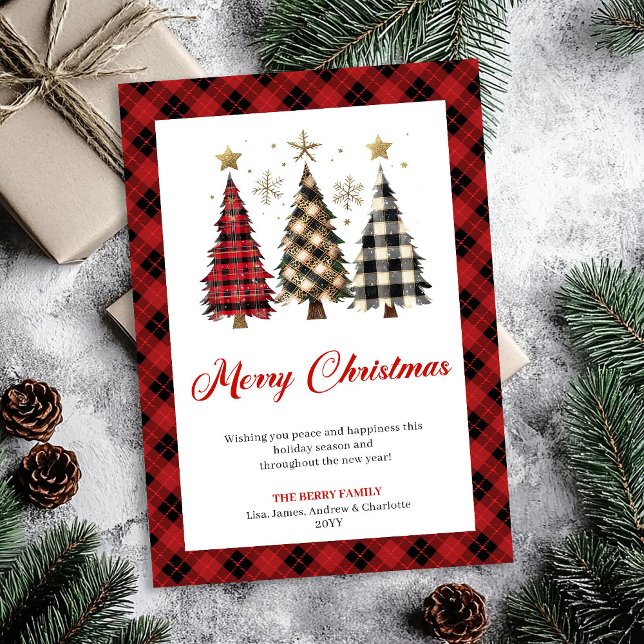 Tarjeta Festiva Minimalist Red Plaid Christmas Tree Holiday  (Minimalist Red Plaid Christmas Tree Holiday Greeting)