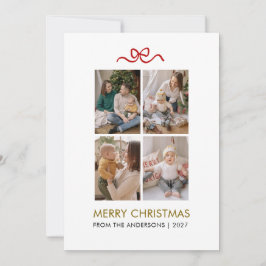 Tarjeta Festiva Minimalist Red Ribbon 4 Photo Merry Christmas
