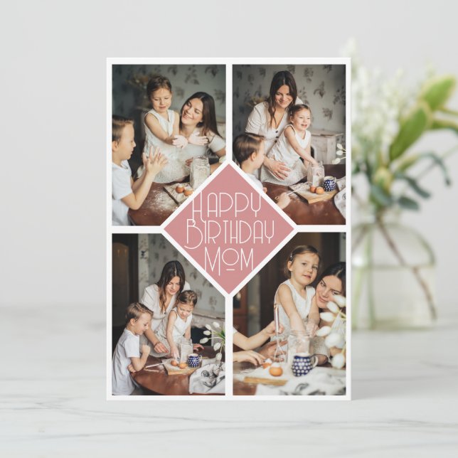 Tarjeta Festiva Minimalist Slate Pink Multi Photo Birthday Mom (Anverso de pie)