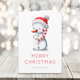 Tarjeta Festiva Minimalist Snowman Candy Cane Merry Christmas