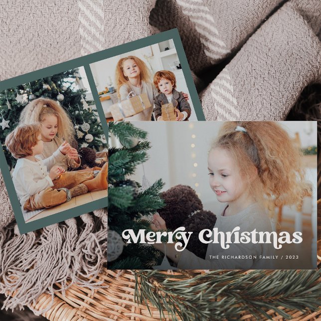 Tarjeta Festiva Minimalista Boho / Merry Christmas Multi Photo (A trendy, boho multi photo Christmas card in green)
