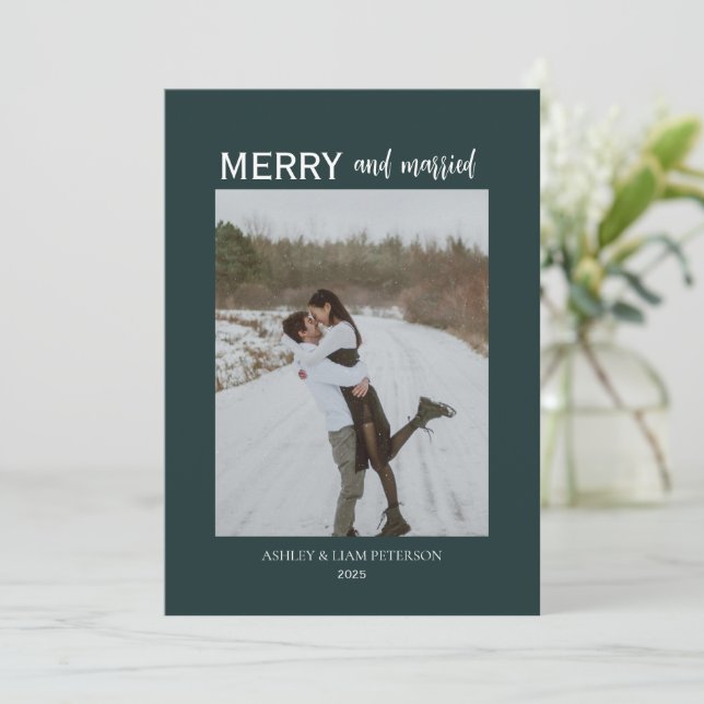 Tarjeta Festiva Mínimo de merry y recién casados foto verde (Anverso de pie)