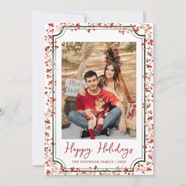 Tarjeta Festiva Mínimo Invierno Berries Felices Fiestas 1 Foto (Anverso)