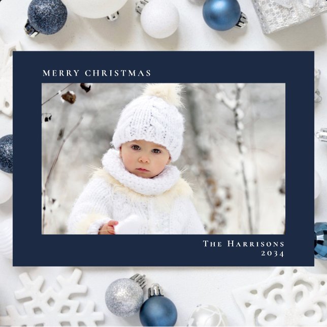 Tarjeta Festiva Mínimo moderno Fotos navideñas azul (Share the love and warmth of the season with your personalized photo Christmas card)