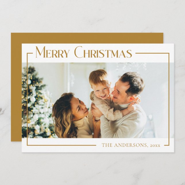 Tarjeta Festiva Mínimo Navidades modernos foto de familia Mostaza  (Anverso / Reverso)