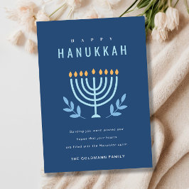 Tarjeta Festiva Mínimo Simple Azul Menorah Velas Felices Hanukkah