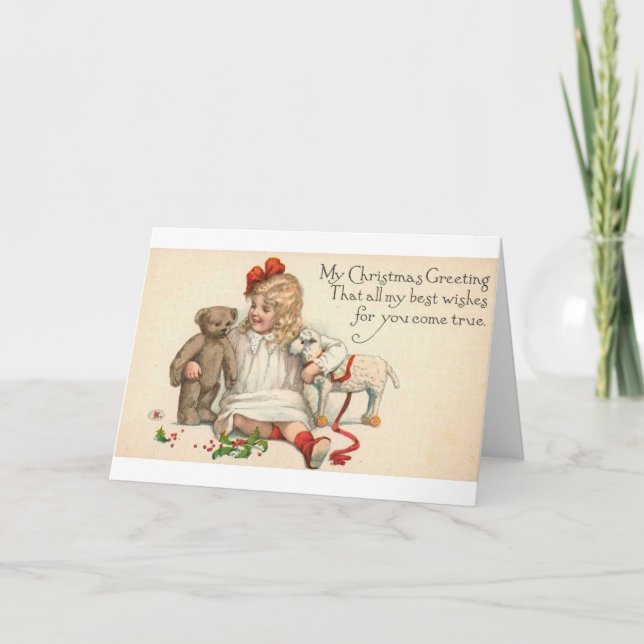 Tarjeta Festiva Mis Navidades saludan a niño con oso de peluche (Anverso)