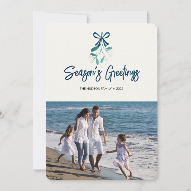 Tarjeta Festiva Mistletocon cinta azul (Anverso)