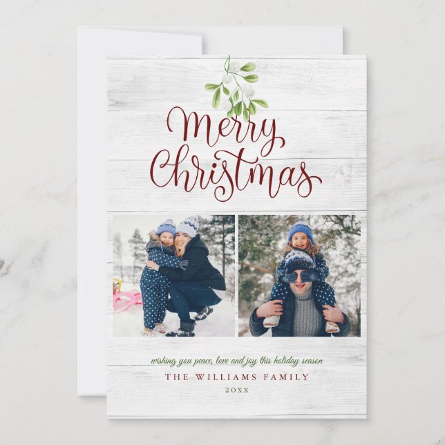 Tarjeta Festiva Mistletoe Merry Christmas 3 Photo Rustic Wood (Anverso)