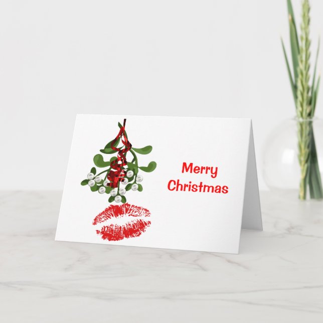 Tarjeta Festiva Mistletoe & Red Lipstick Kiss (Anverso)