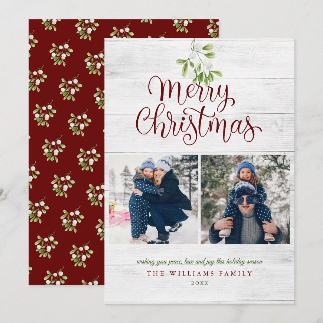 Tarjeta Festiva Mistletoe Rustic Wood Merry Christmas 2 Photo (Anverso / Reverso)