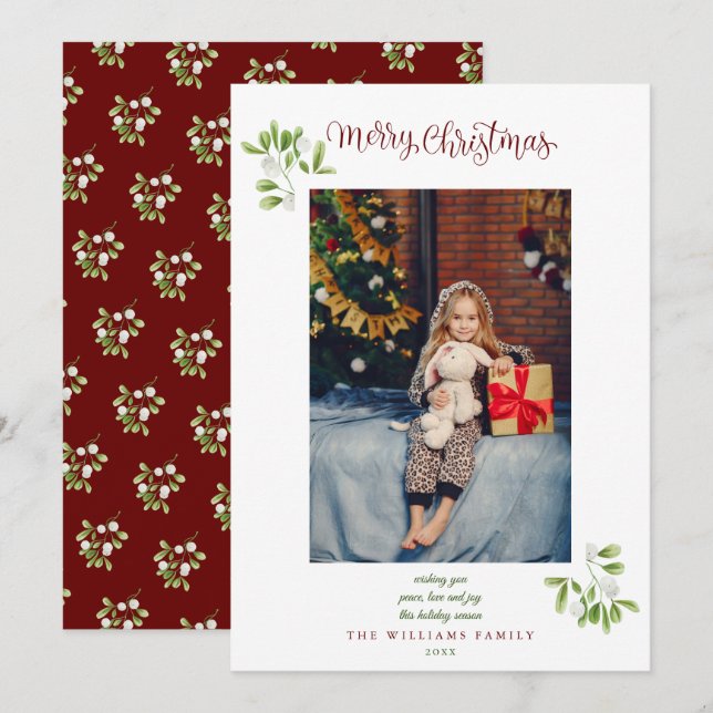Tarjeta Festiva Mistletoe Script Merry Christmas Photo (Anverso / Reverso)