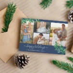 Tarjeta Festiva Mistletoe Twigs Collage de fotos Naval Felices Fie<br><div class="desc">Tarjeta de Navidades de fotos azul marino con un collage de fotos con cuatro fotos y ramas de bonito en azul verde y pálido. Felices fiestas están escritas en un encantador guión blanco. Agregue su nombre de familia y el año en elegantes fuentes blancas. La parte posterior presenta un patrón...</div>